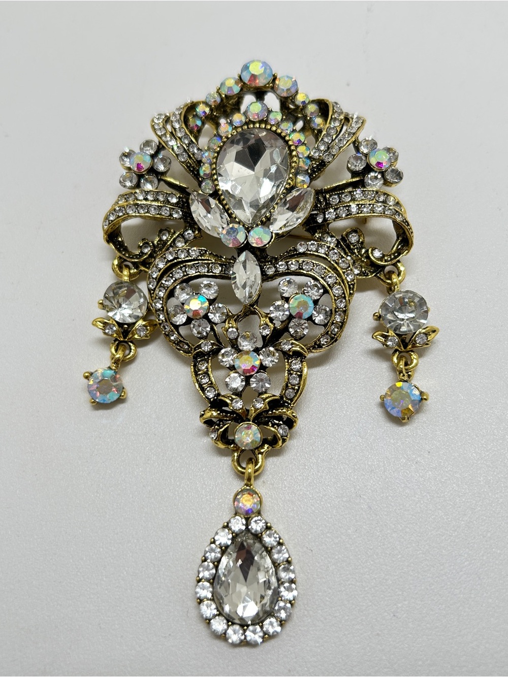 Vintage, Large Gold And Crystal Brooch, Clear, AB Pink Crystals, Stunning Piece